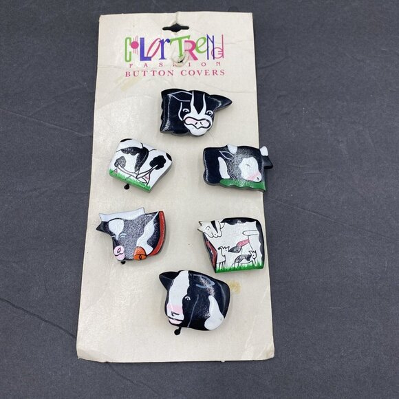 Vintage Set of 6 Cow Button Covers Black White‎ Pink Wood NEW Funny - Picture 1 of 14